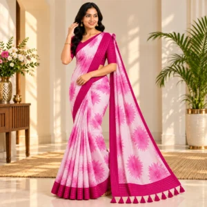 Baby Pink Floral Georgette Printed Saree with magenta border and tassels