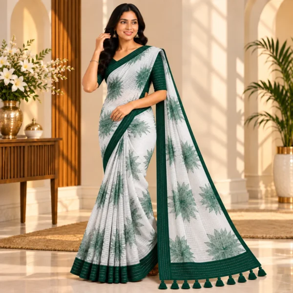 Bottle Green Floral Georgette Printed Saree with contrast border and pallu tassels