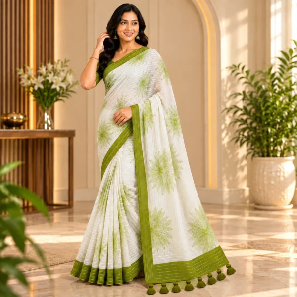 Light Green Floral Georgette Printed Saree with olive contrast border and pallu tassels