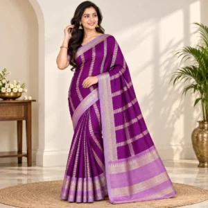 Purple Banarasi Katan Silk Saree with golden zari work and contrast lilac border