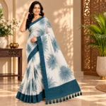 Teal Blue Floral Georgette Printed Saree with contrast border and pallu tassels
