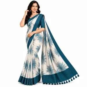 Teal Blue Floral Printed Georgette Saree with unstitched blouse piece and pallu tassels