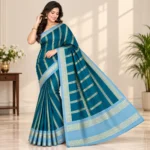 Peacock Blue Banarasi Katan Silk Saree with golden zari work and contrast sky blue border
