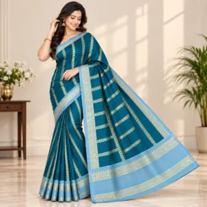 Peacock Blue Banarasi Katan Silk Saree with golden zari work and contrast sky blue border