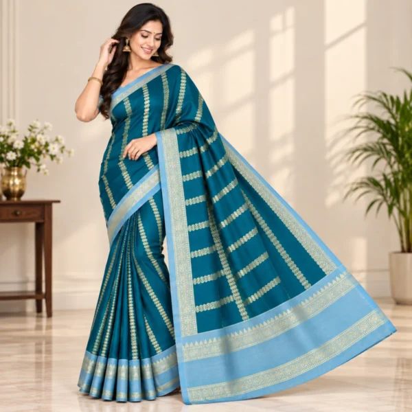 Peacock Blue Banarasi Katan Silk Saree with golden zari work and contrast sky blue border