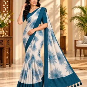 Teal Blue Floral Printed Georgette Saree with unstitched blouse piece and pallu tassels