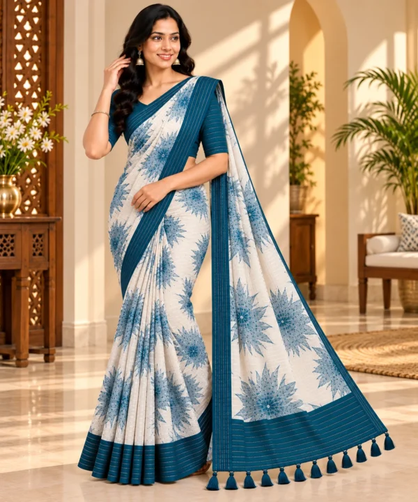 Teal Blue Floral Printed Georgette Saree with unstitched blouse piece and pallu tassels