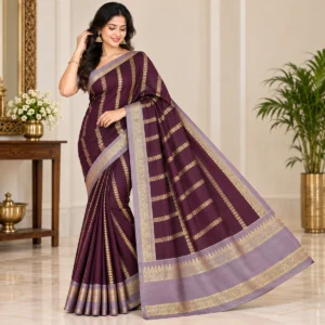 Wine Banarasi Katan Silk Saree with golden zari work and contrast mauve border
