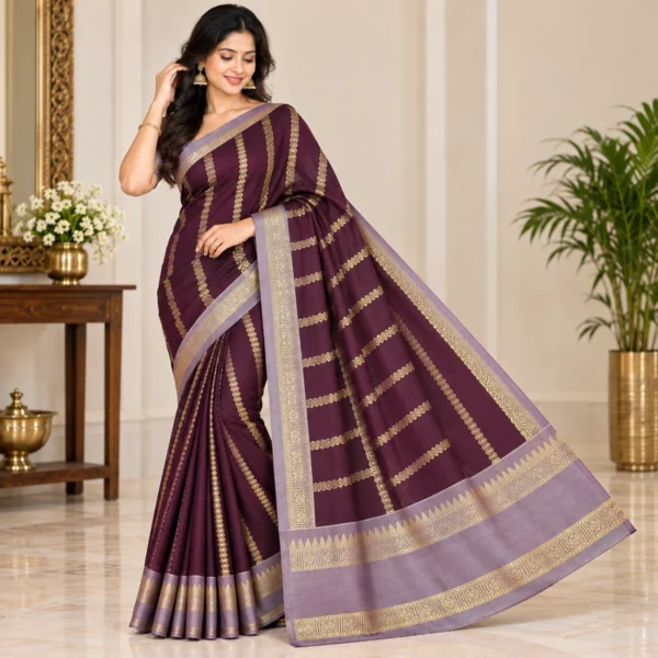 Wine Banarasi Katan Silk Saree with golden zari work and contrast mauve border