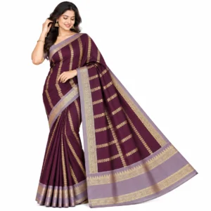 Wine Banarasi Katan Silk Saree with golden zari work and contrast mauve border