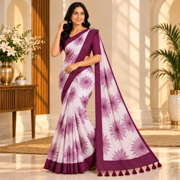 Wine Purple Floral Georgette Printed Saree with contrast border and pallu tassels