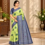 Tissue Silk Peacock Printed Saree in light green with contrast navy blue zari border