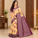 Beige Tissue Silk Butterfly Printed Saree with contrast wine purple border and pallu
