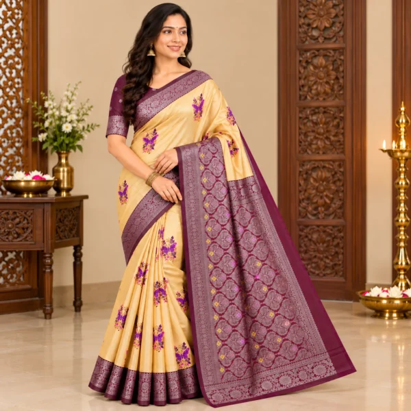 Beige Tissue Silk Butterfly Printed Saree with contrast wine purple border and pallu