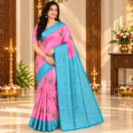 Pink Tissue Silk Butterfly Printed Saree with contrast sky blue zari border and pallu