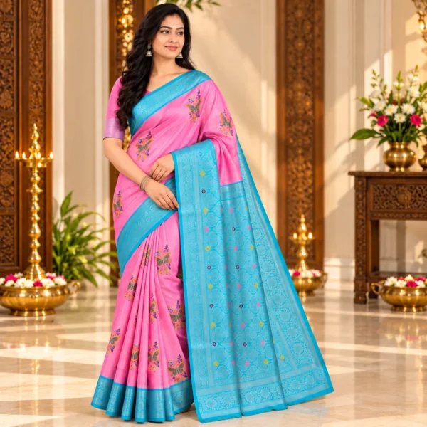 Pink Tissue Silk Butterfly Printed Saree with contrast sky blue zari border and pallu