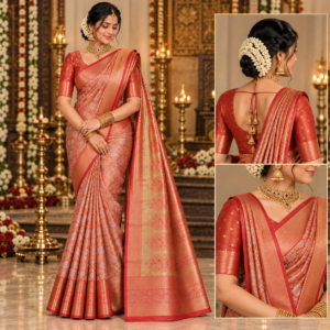 Bridal Tissue Semi Silk Saree with golden zari floral jaal and grand pallu