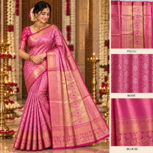 Bright Rani Pink Bridal Tissue Semi Silk Saree with golden zari work and peacock border