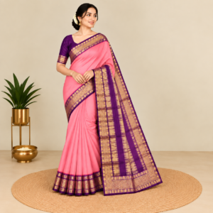 Mysore Crepe Silk Saree in pastel pink with purple golden zari border