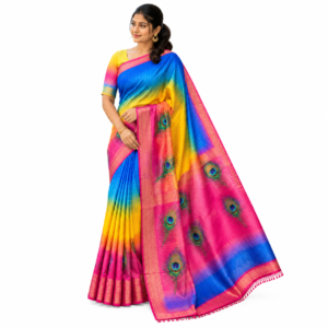 Peacock Design Georgette Saree with vibrant feather motifs and golden border