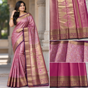 Rani Pink Bridal Tissue Semi Silk Saree with golden zari floral jaal and grand pallu