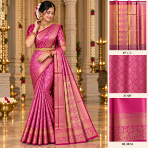 Bright Rani Pink Bridal Tissue Semi Silk Saree with golden zari work and peacock border