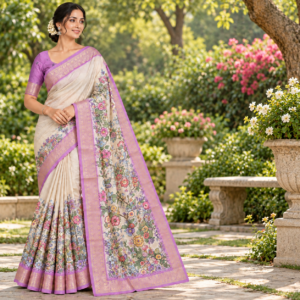 Floral Tussar Semi Silk Saree with lilac purple zari border