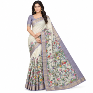 Lavender Floral Tussar Semi Silk Saree with zari border and floral prints